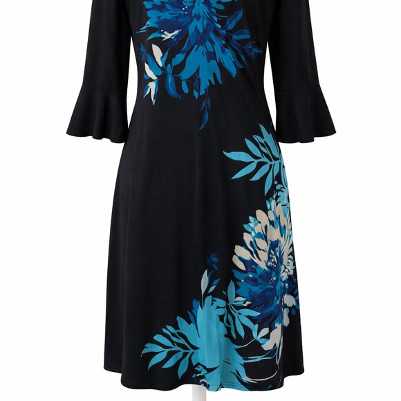 Roz & Ali Black Blue Floral Bell Sleeve Dress Size Large - Picture 12 of 12